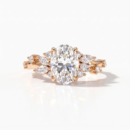 Oval lab-grown diamond cluster engagement ring with marquise and round leaf accents in 14K (585) rose gold, front view 
