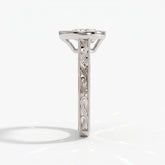 Pear cut lab-grown diamond vintage bezel engagement ring with hand-engraved milgrain band in 14K (585) white gold, side view 