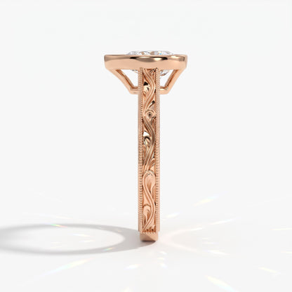 Pear cut lab-grown diamond vintage bezel engagement ring with hand-engraved milgrain band in 14K (585) rose gold, side view 