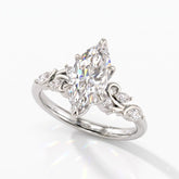 Marquise cut lab-grown diamond vine engagement ring with marquise leaf accents in 14K (585) white gold, angled view 