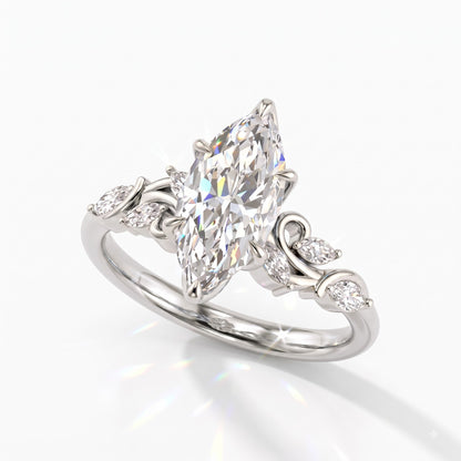 Marquise cut lab-grown diamond vine engagement ring with marquise leaf accents in 14K (585) white gold, angled view 