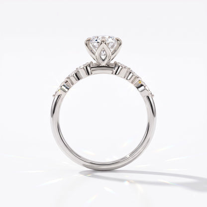 Marquise cut lab-grown diamond vine engagement ring with marquise leaf accents in 14K (585) white gold, upright profile view 