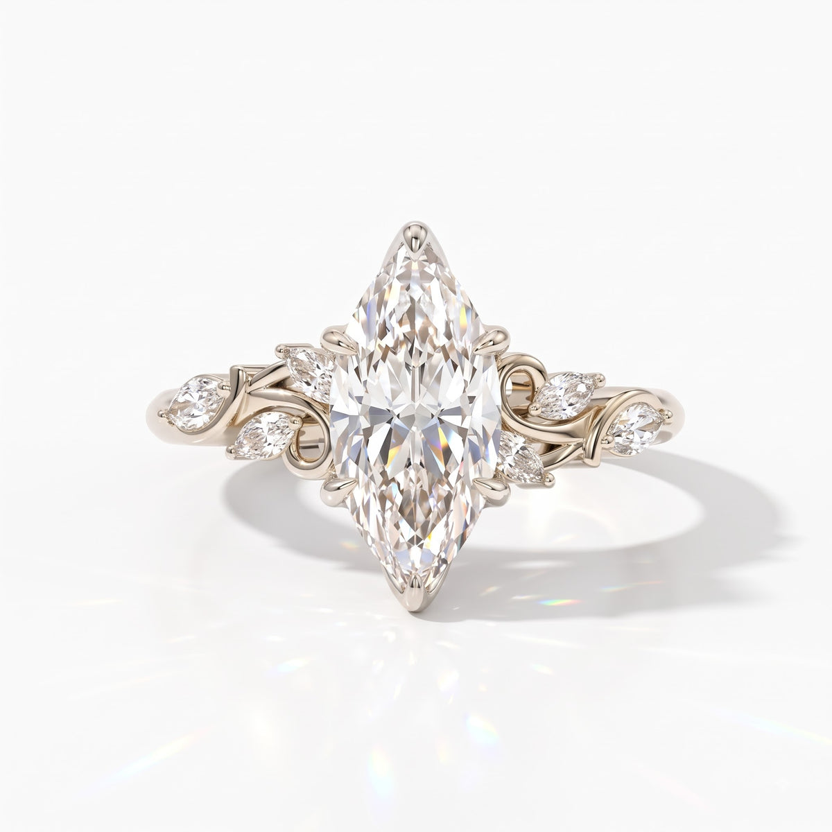Marquise cut lab-grown diamond vine engagement ring with marquise leaf accents in 14K (585) white gold, front view 