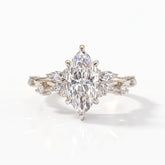 Marquise cut lab-grown diamond cluster engagement ring with marquise and round leaf accents in 14K (585) white gold, front view 