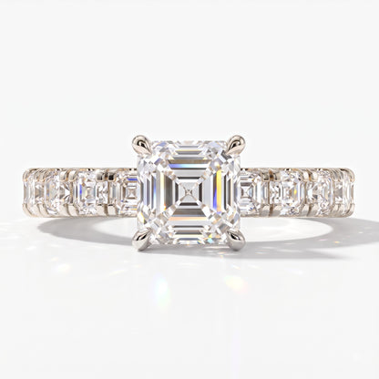 Asscher cut lab-grown diamond engagement ring with Asscher side stones in 950 platinum, front view 