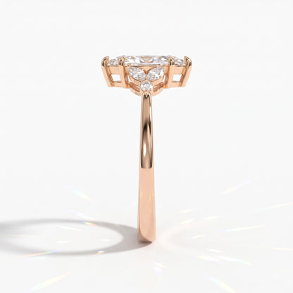 Marquise cut lab-grown diamond leaf cluster engagement ring with marquise and round accents in 18K (750) rose gold, side view 