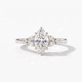 Marquise cut lab-grown diamond leaf cluster engagement ring with marquise and round accents in 18K (750) white gold, front view 