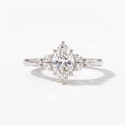 Marquise cut lab-grown diamond leaf cluster engagement ring with marquise and round accents in 18K (750) white gold, front view 
