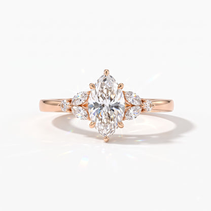 Marquise cut lab-grown diamond leaf cluster engagement ring with marquise and round accents in 18K (750) rose gold, front view 