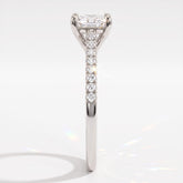 Square radiant cut lab-grown diamond engagement ring with pavé side stones in 950 platinum, side view 