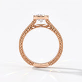 Pear cut lab-grown diamond vintage bezel engagement ring with hand-engraved milgrain band in 18K (750) rose gold, upright profile view 