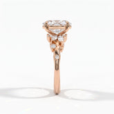Oval lab-grown diamond cluster engagement ring with marquise and round leaf accents in 18K (750) rose gold, side view 