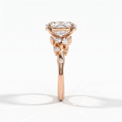 Oval lab-grown diamond cluster engagement ring with marquise and round leaf accents in 18K (750) rose gold, side view 
