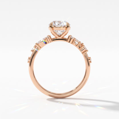 Oval lab-grown diamond cluster engagement ring with marquise and round leaf accents in 18K (750) rose gold, upright profile view 