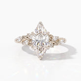 Marquise cut lab-grown diamond vine engagement ring with marquise leaf accents in 18K (750) white gold, front view 