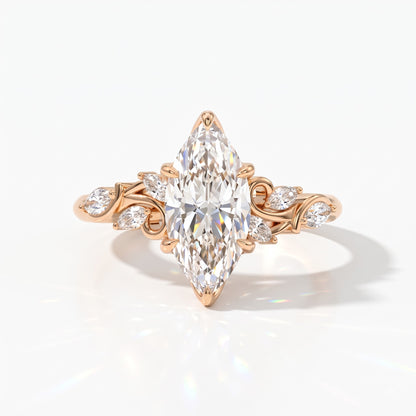 Marquise cut lab-grown diamond vine engagement ring with marquise leaf accents in 18K (750) rose gold, front view 