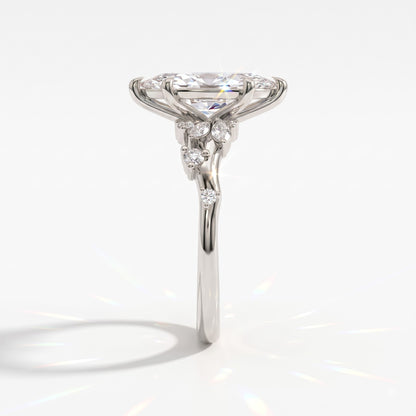 Marquise cut lab-grown diamond cluster engagement ring with marquise and round leaf accents in 950 platinum, side view 