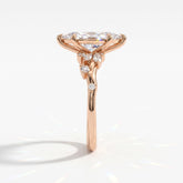 Marquise cut lab-grown diamond cluster engagement ring with marquise and round leaf accents in 18K (750) rose gold, side view 