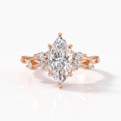 Marquise cut lab-grown diamond cluster engagement ring with marquise and round leaf accents in 18K (750) rose gold, front view 