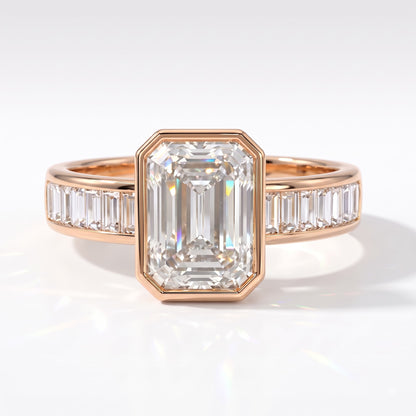 Emerald cut lab-grown diamond bezel engagement ring with channel-set baguette diamonds in 18K (750) rose gold, front view 