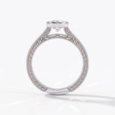 Pear cut lab-grown diamond vintage bezel engagement ring with hand-engraved milgrain band in 950 platinum, upright profile view 