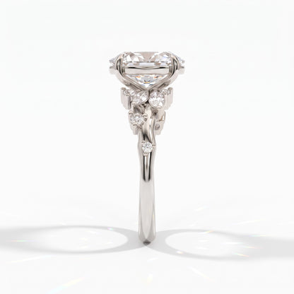 Oval lab-grown diamond cluster engagement ring with marquise and round leaf accents in 950 platinum, side view 