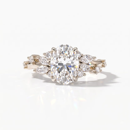 Oval lab-grown diamond cluster engagement ring with marquise and round leaf accents in 950 platinum, front view 