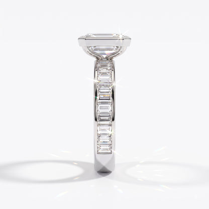 Emerald cut lab-grown diamond bezel engagement ring with channel-set baguette diamonds in 950 platinum, side view 
