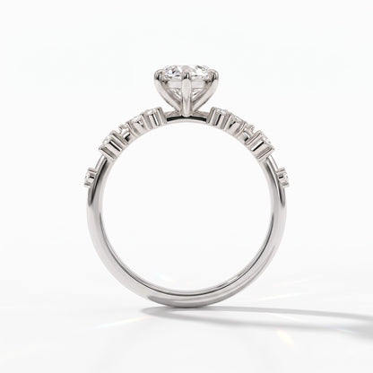 Marquise cut lab-grown diamond cluster engagement ring with marquise and round leaf accents in 950 platinum, upright profile view 