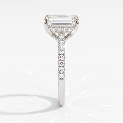 Emerald cut lab-grown diamond hidden halo engagement ring with pavé band in 14K (585) white gold, side view 