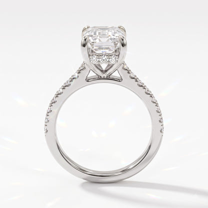 Emerald cut lab-grown diamond hidden halo engagement ring with pavé band in 14K (585) white gold, upright profile view 
