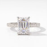 Emerald cut lab-grown diamond hidden halo engagement ring with pavé band in 14K (585) white gold, front view 