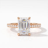 Emerald cut lab-grown diamond hidden halo engagement ring with pavé band in 14K (585) rose gold, front view 