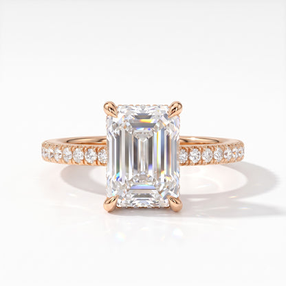Emerald cut lab-grown diamond hidden halo engagement ring with pavé band in 14K (585) rose gold, front view 
