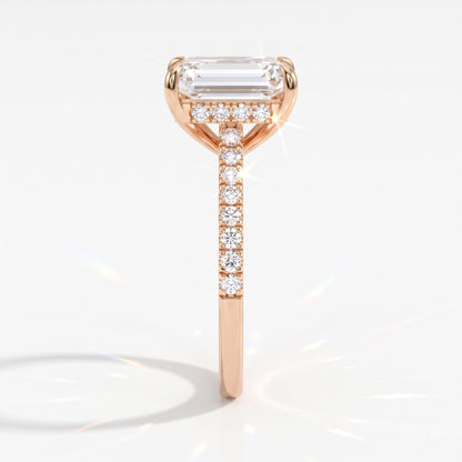 Emerald cut lab-grown diamond hidden halo engagement ring with pavé band in 18K (750) rose gold, side view 