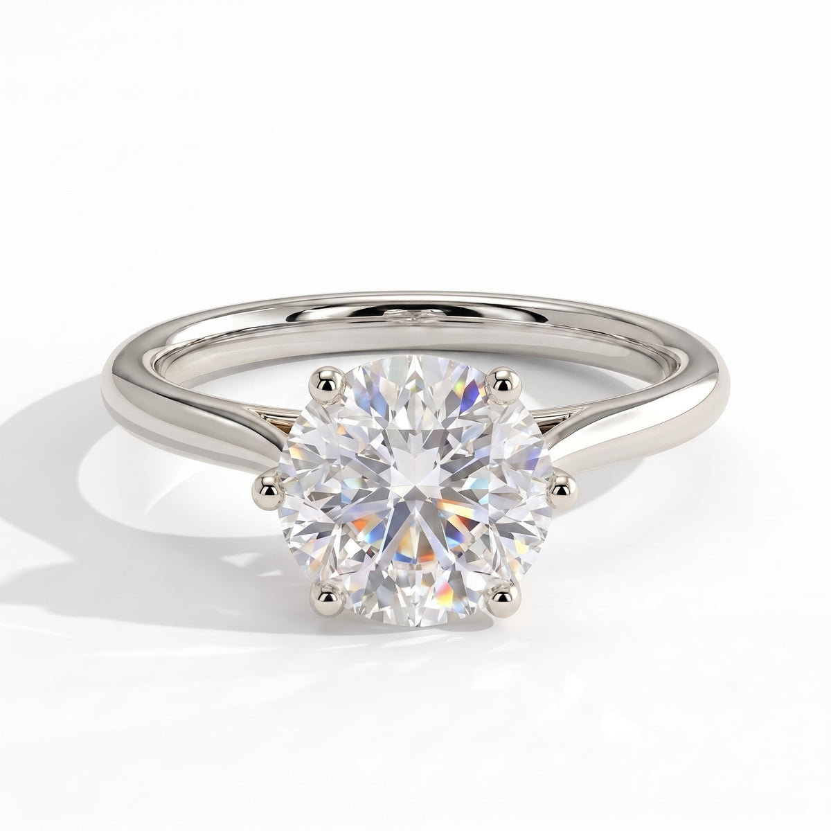 Round lab-grown diamond solitaire engagement ring in 14K (585) white gold, front view 