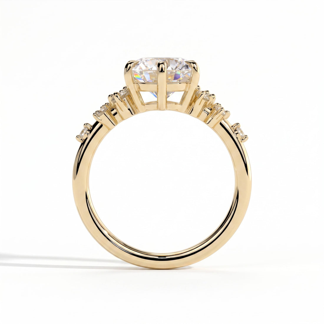 Round lab-grown diamond halo engagement ring in 14K (585) yellow gold, side profile 