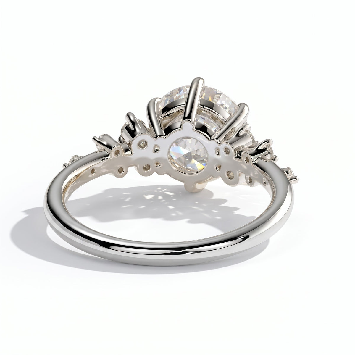 Round lab-grown diamond halo engagement ring in 18K (750) white gold, on white background 