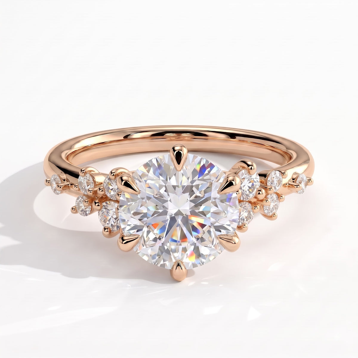 Round lab-grown diamond halo engagement ring in 18K (750) rose gold, front view 