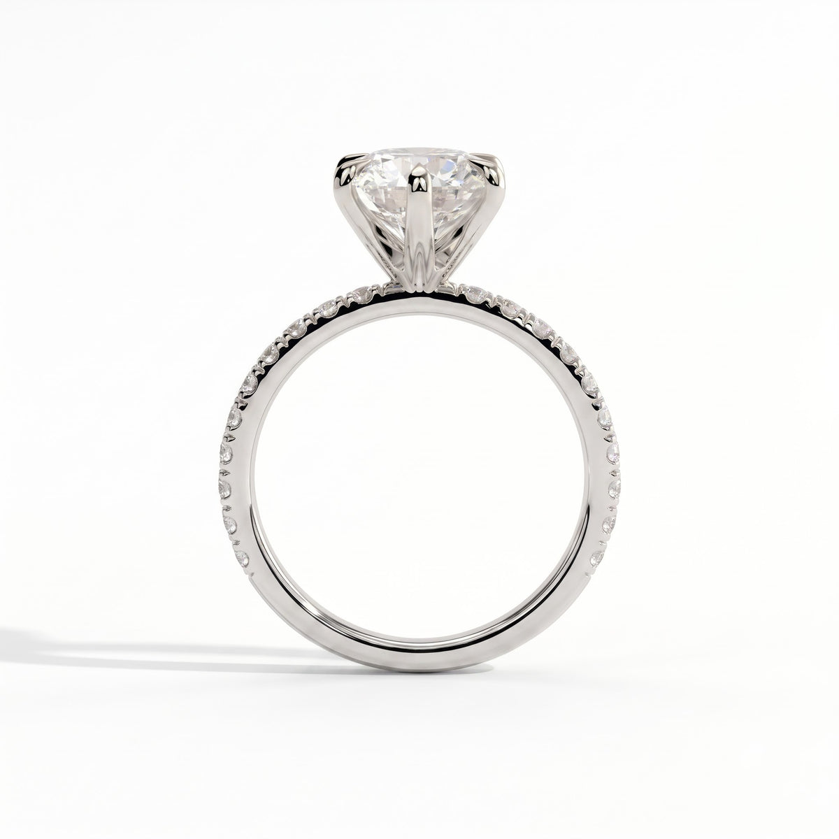 Round lab-grown diamond halo engagement ring in 18K (750) white gold, side profile 
