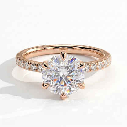 Round lab-grown diamond halo engagement ring in 18K (750) rose gold, front view 