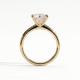 Round lab-grown diamond halo engagement ring in 18K (750) yellow gold, side profile 