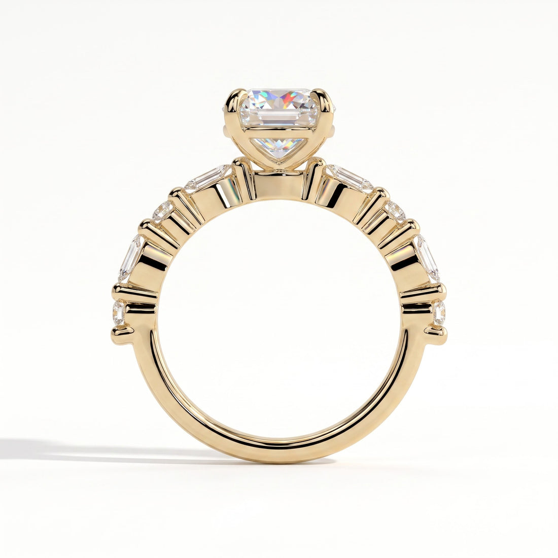 Round lab-grown diamond halo engagement ring in 14K (585) yellow gold, side profile 
