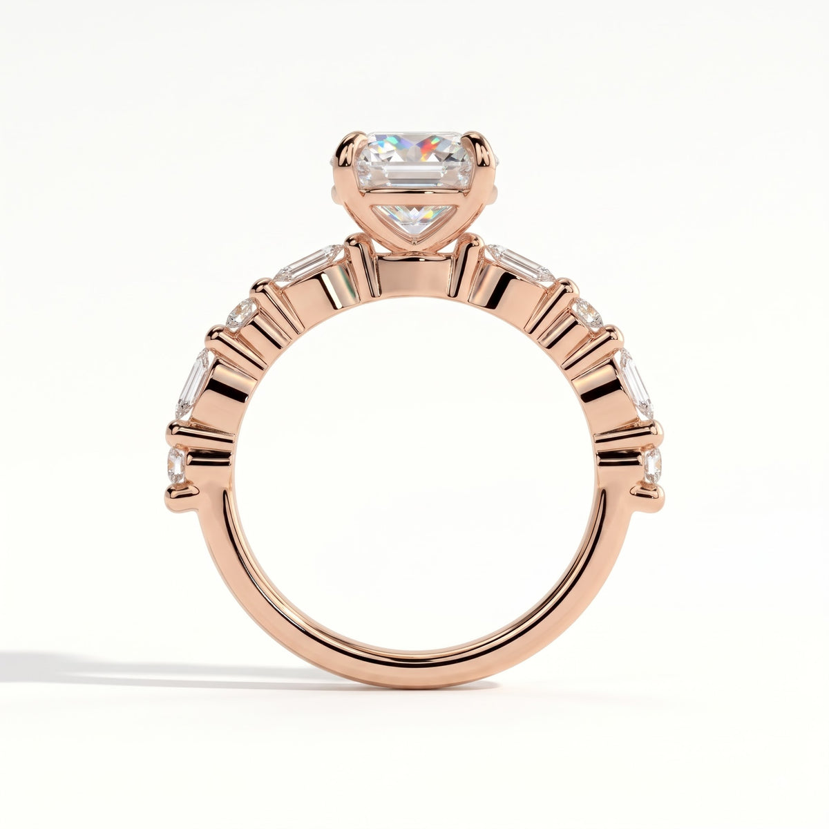 Round lab-grown diamond halo engagement ring in 14K (585) rose gold, side profile 