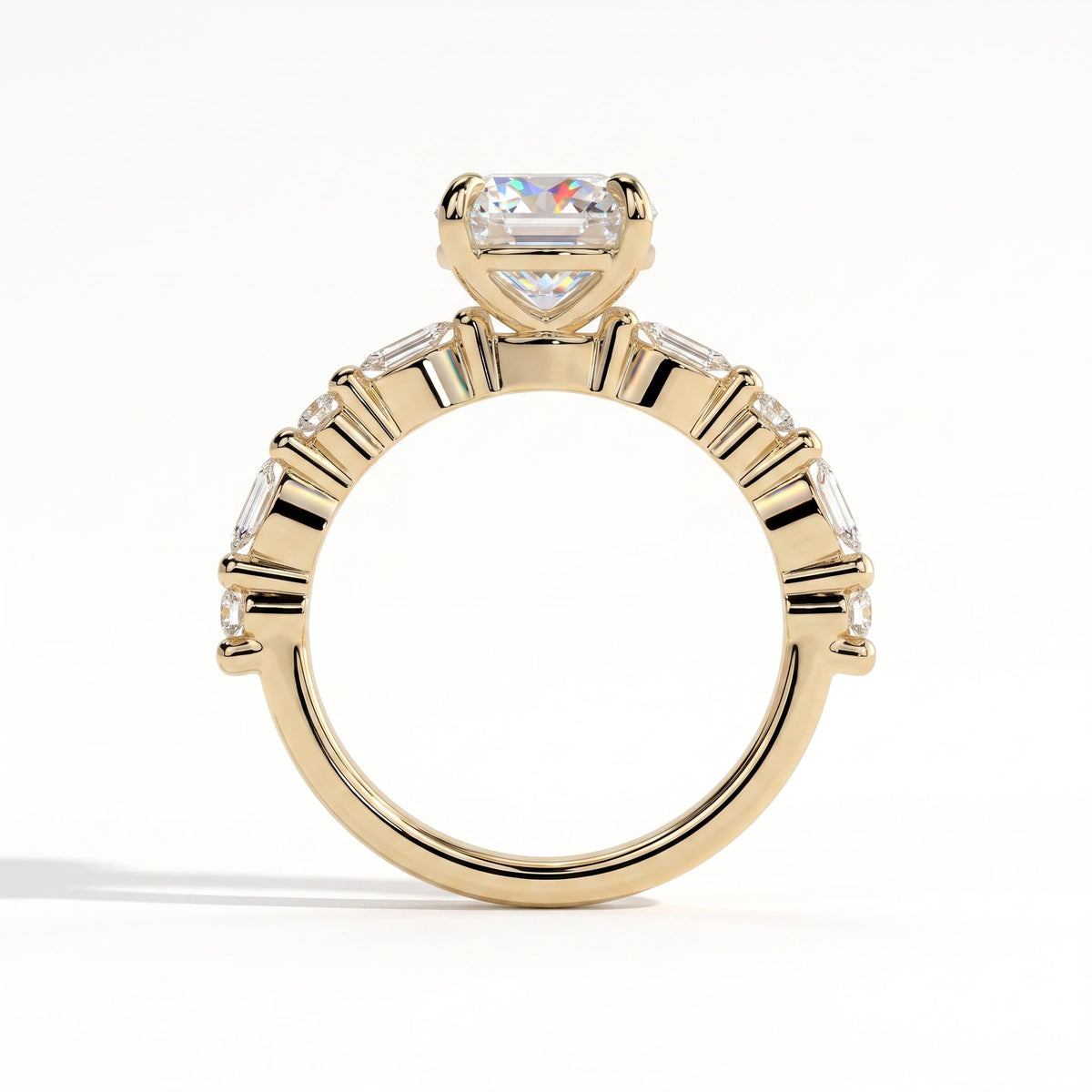 Round lab-grown diamond halo engagement ring in 18K (750) yellow gold, side profile 