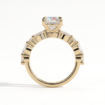 Round lab-grown diamond halo engagement ring in 18K (750) yellow gold, side profile 