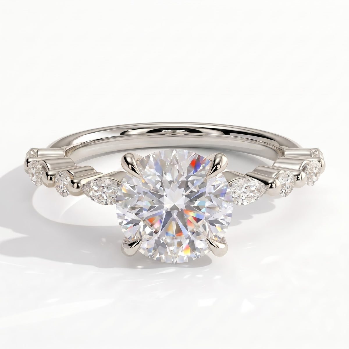 Round lab-grown diamond halo engagement ring in 18K (750) white gold, front view 