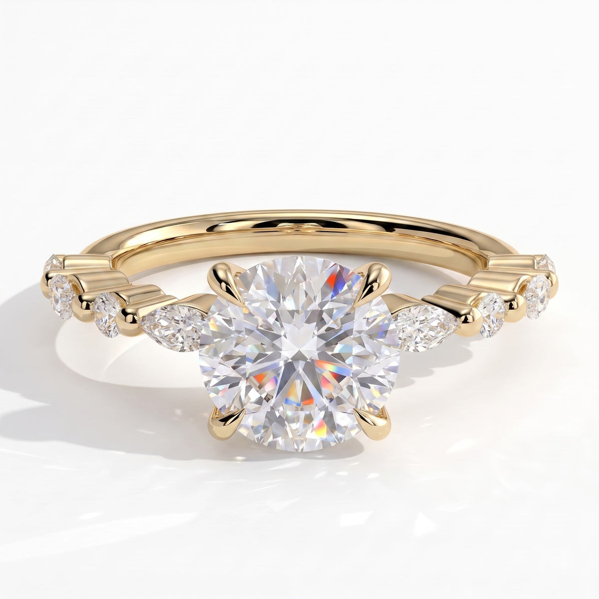 Round lab-grown diamond halo engagement ring in 18K (750) yellow gold, front view 