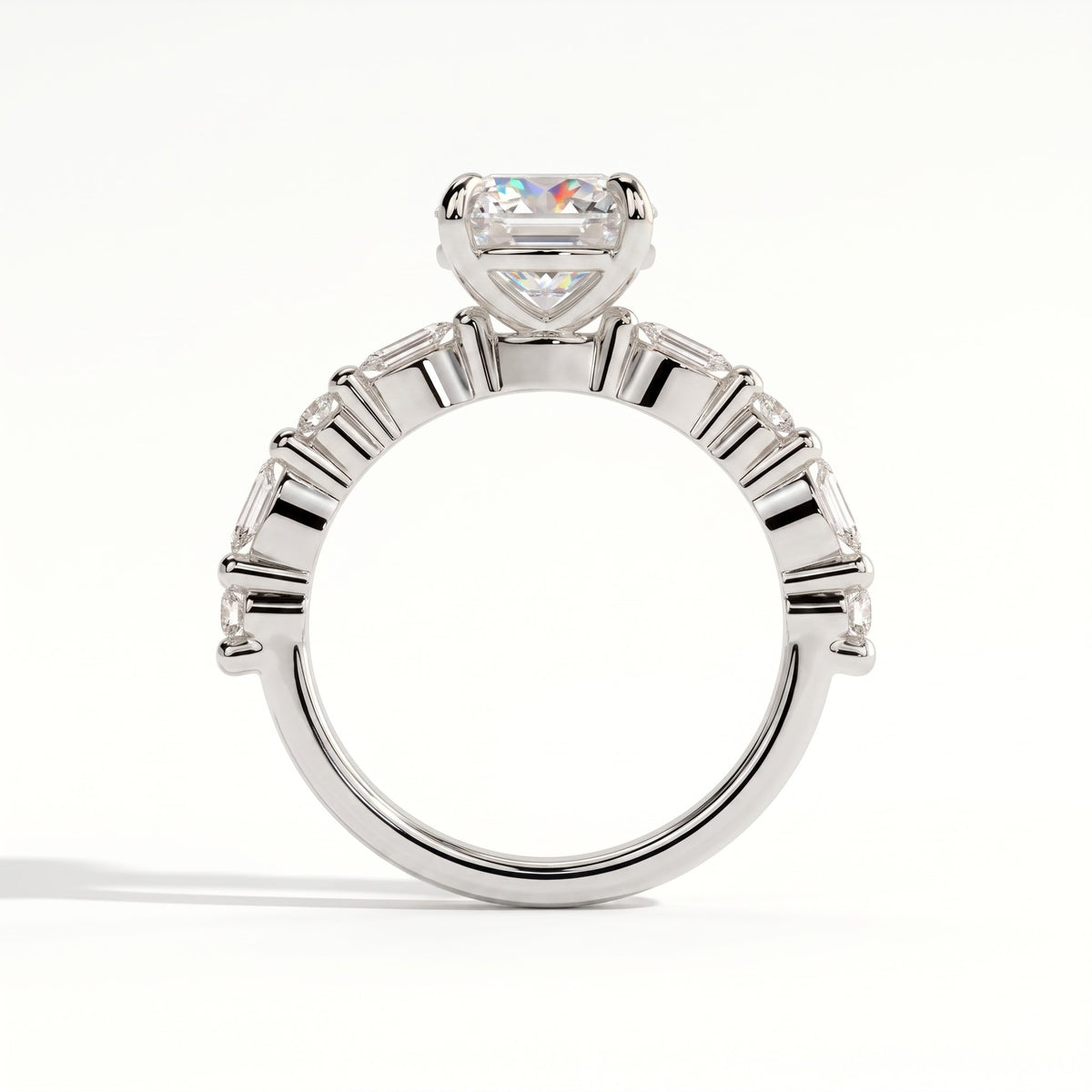 Round lab-grown diamond halo engagement ring in 950 platinum, side profile 