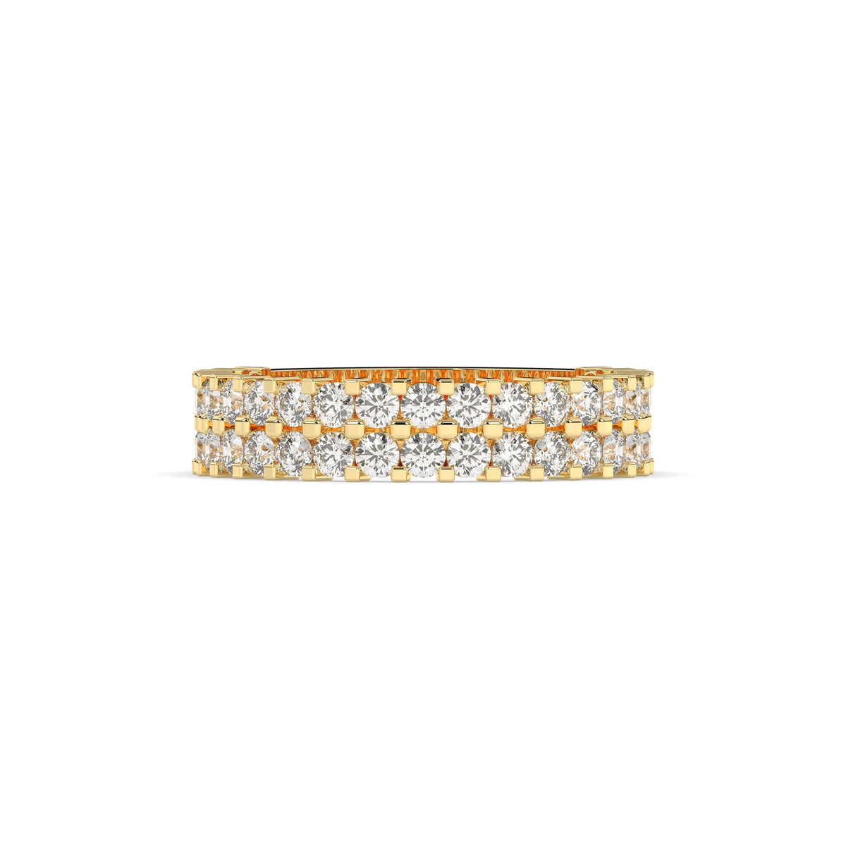 Levana triple-row round lab-grown diamond memoire wedding band in 750 yellow gold, front view 